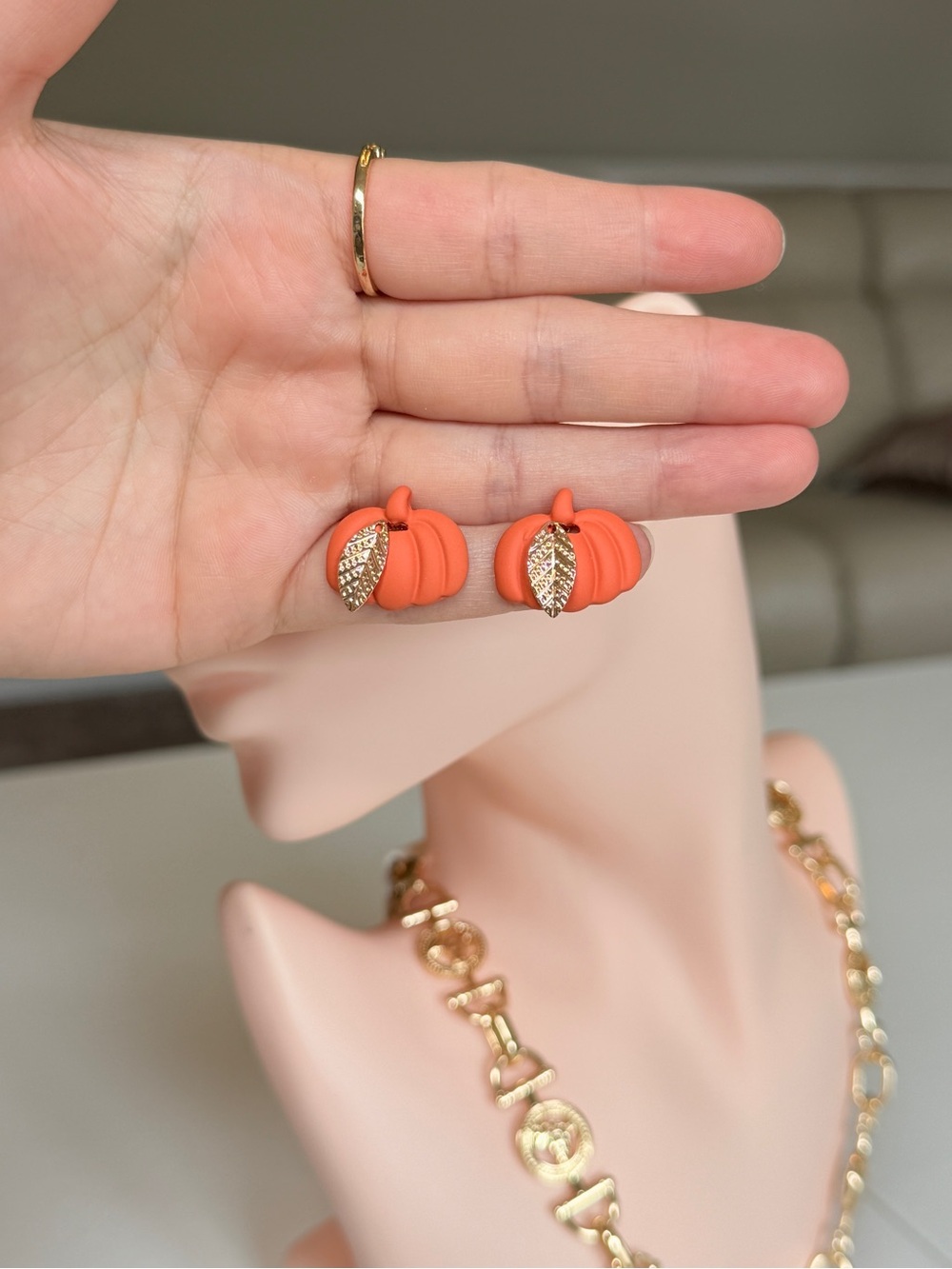 Gold Leaf Accent Orange Pumpkin Stud Earrings - Picture 11 of 12